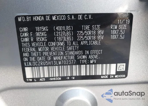 2020 Honda Hr-V 2Wd Sport z USA, uszkodzony, nr VIN 3CZRU5H13LM702377